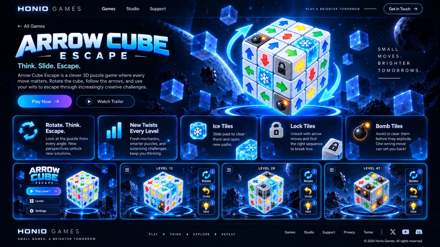 White 3D cube with colorful arrows, ice and lock tiles above a neon platform