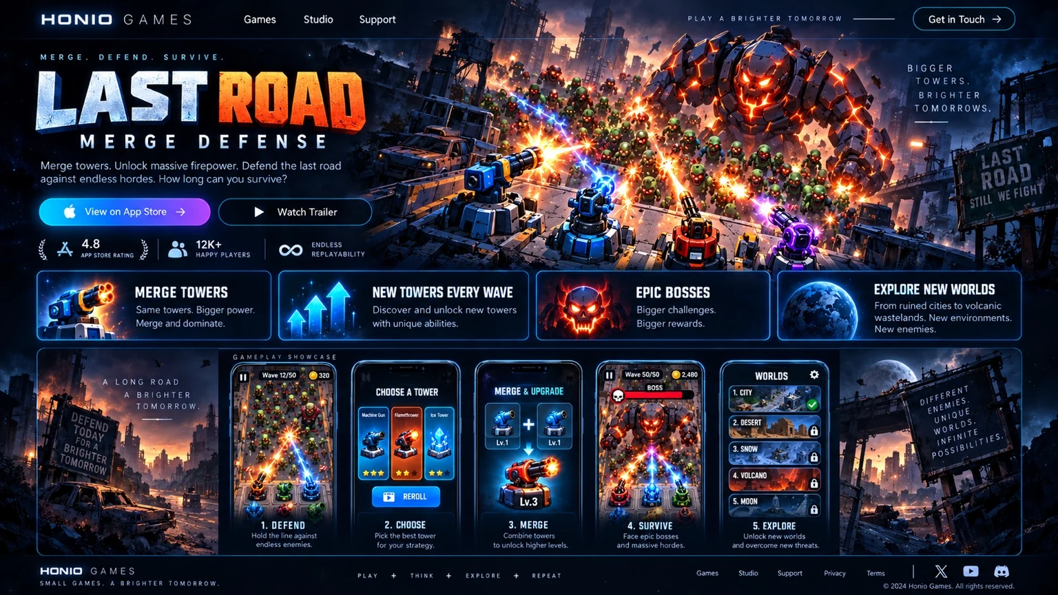 Defensive turrets holding a ruined city road against hordes and a giant fiery boss