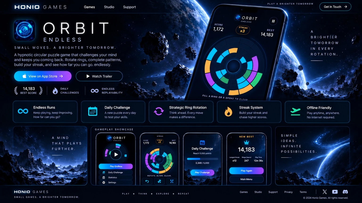 ORBIT circular puzzle on a phone, surrounded by planets and asteroids